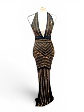 Black and Gold Sequin Halter Gown